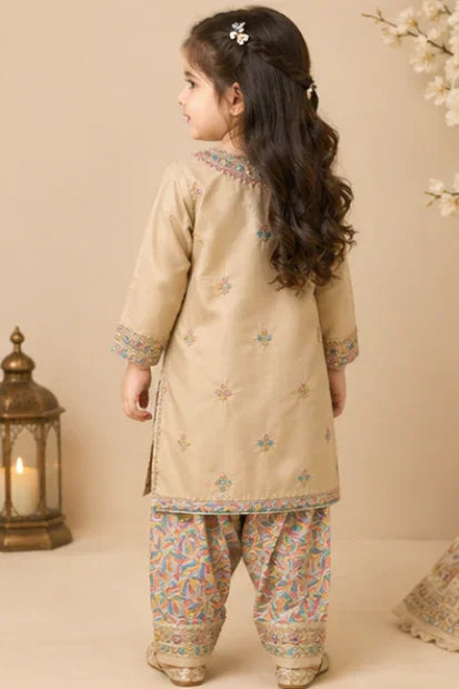 Girls Embroidered Kurta & Shalwar Set – Beige