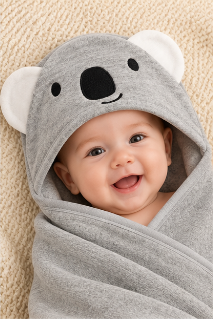 Grey Koala Hooded Baby Swaddle