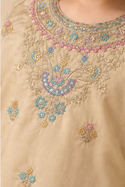 Girls Embroidered Kurta & Shalwar Set – Beige