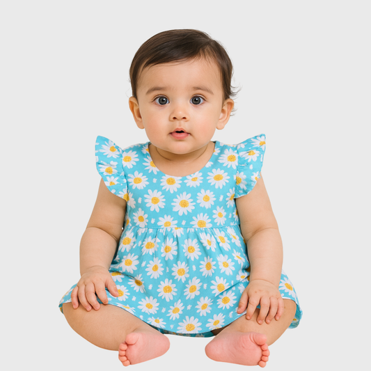 Blue Frock With Flower print For Girls | 12M-6Yrs