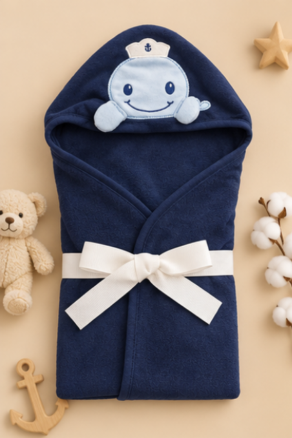 Navy Sailor Whale Hooded Baby Swaddle
