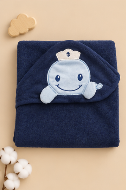 Navy Sailor Whale Hooded Baby Swaddle