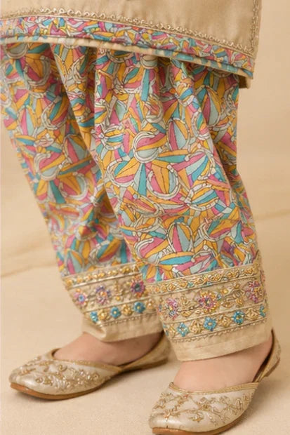 Girls Embroidered Kurta & Shalwar Set – Beige