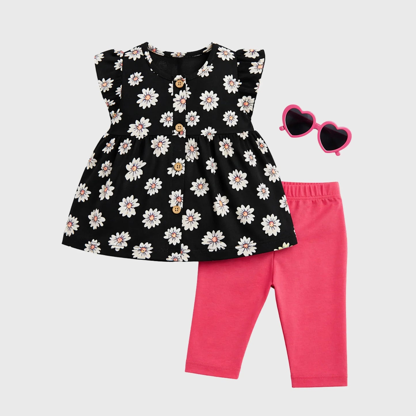 Mini Daisy Flutter-Sleeve Tunic, Leggings, and Heart Shades Set