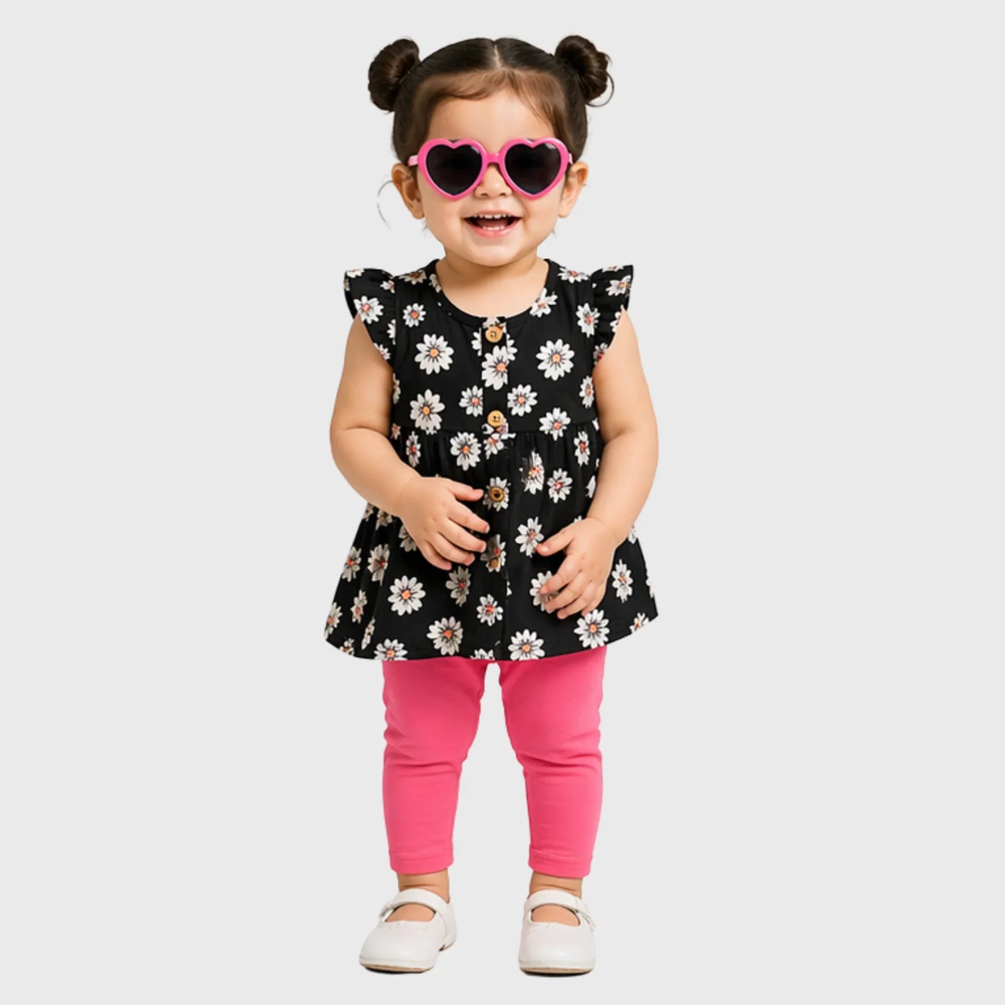 Mini Daisy Flutter-Sleeve Tunic, Leggings, and Heart Shades Set