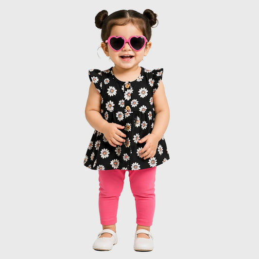 Mini Daisy Flutter-Sleeve Tunic, Leggings, and Heart Shades Set