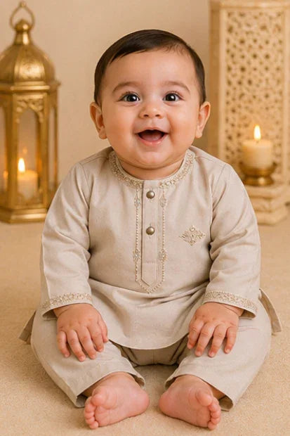 Baby Boys Embroidered Kurta & Shalwar Set – Skin/ Brown
