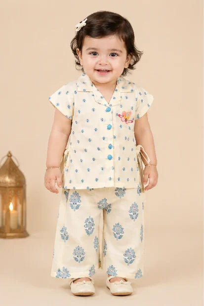 Baby Girls Printed Shirt & Set – Cream/Blue