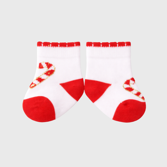 Festive Candy Cane Baby Socks – White & Red