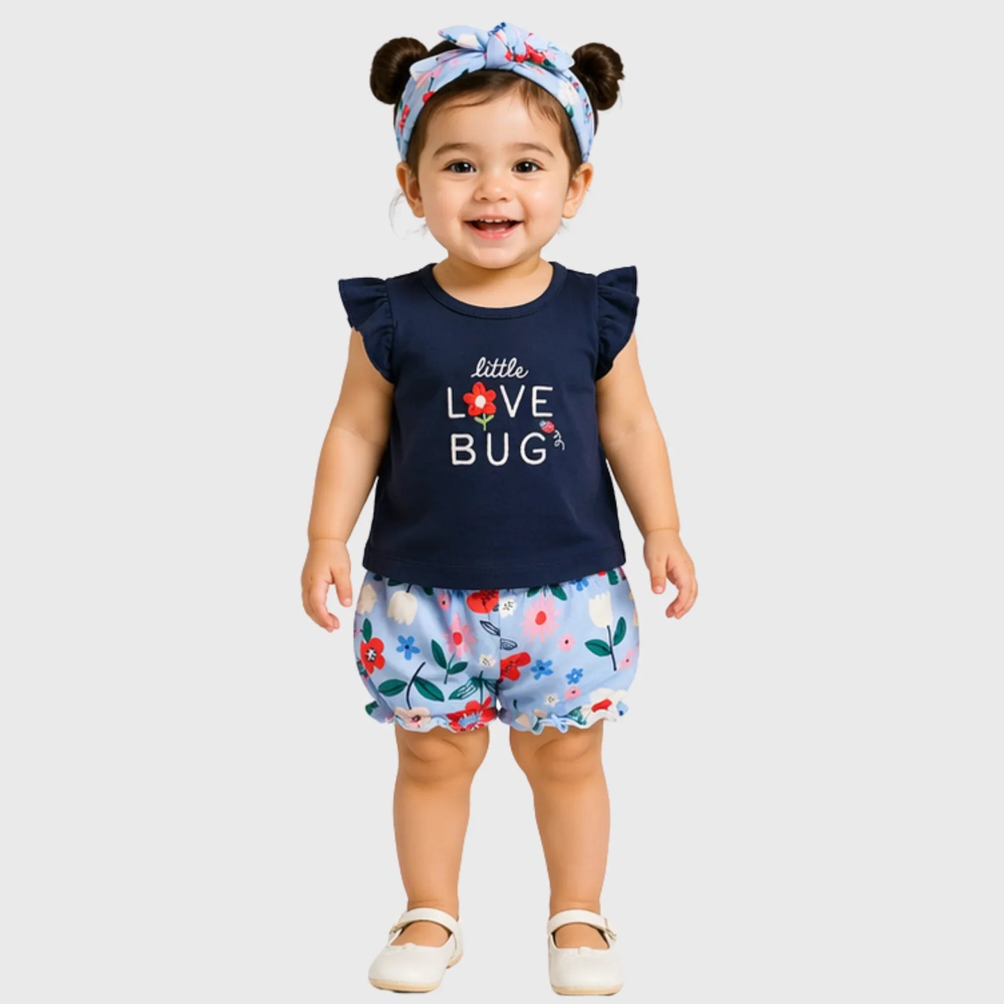 Mini Love Bug Flutter-Sleeve Tee, Floral Bloomers, and Headband Set Blue