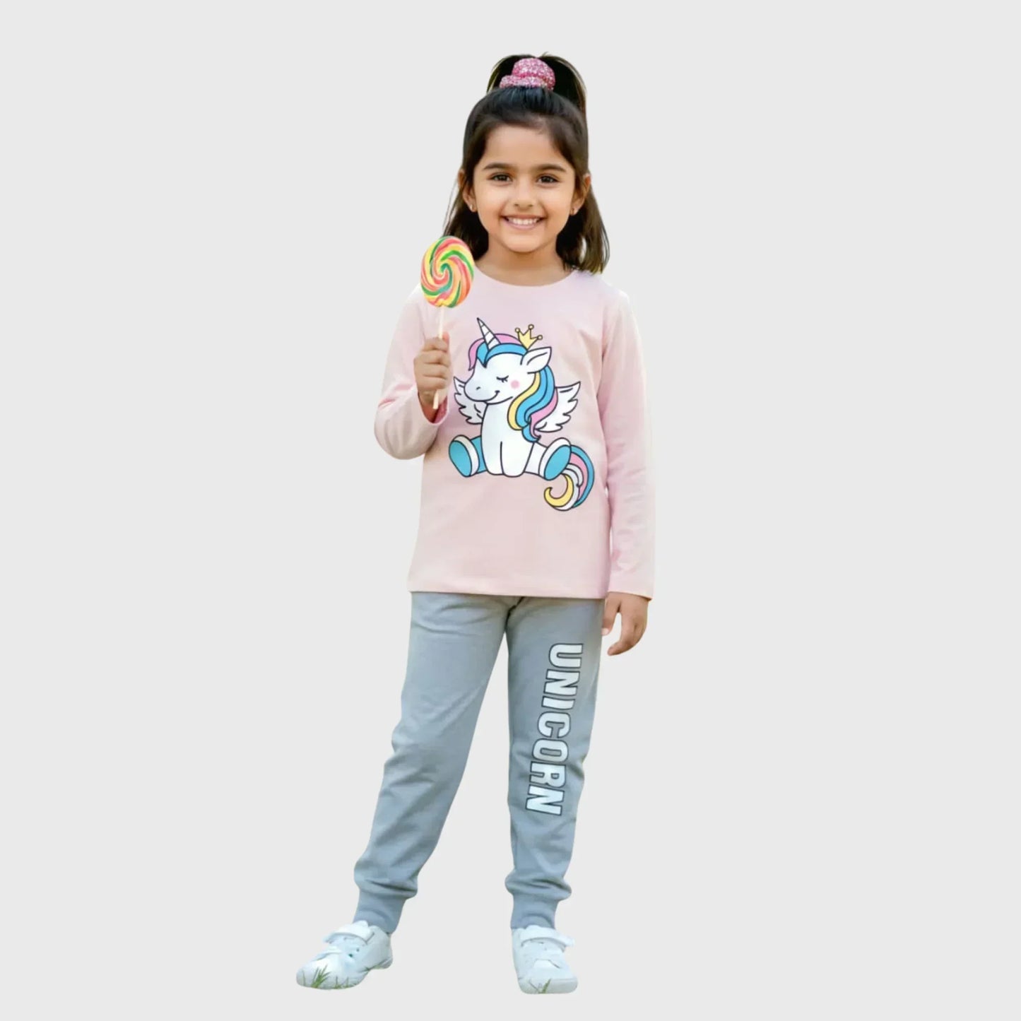Magical Unicorn Pink Long Sleeve Top with Gray Joggers Set for Girls