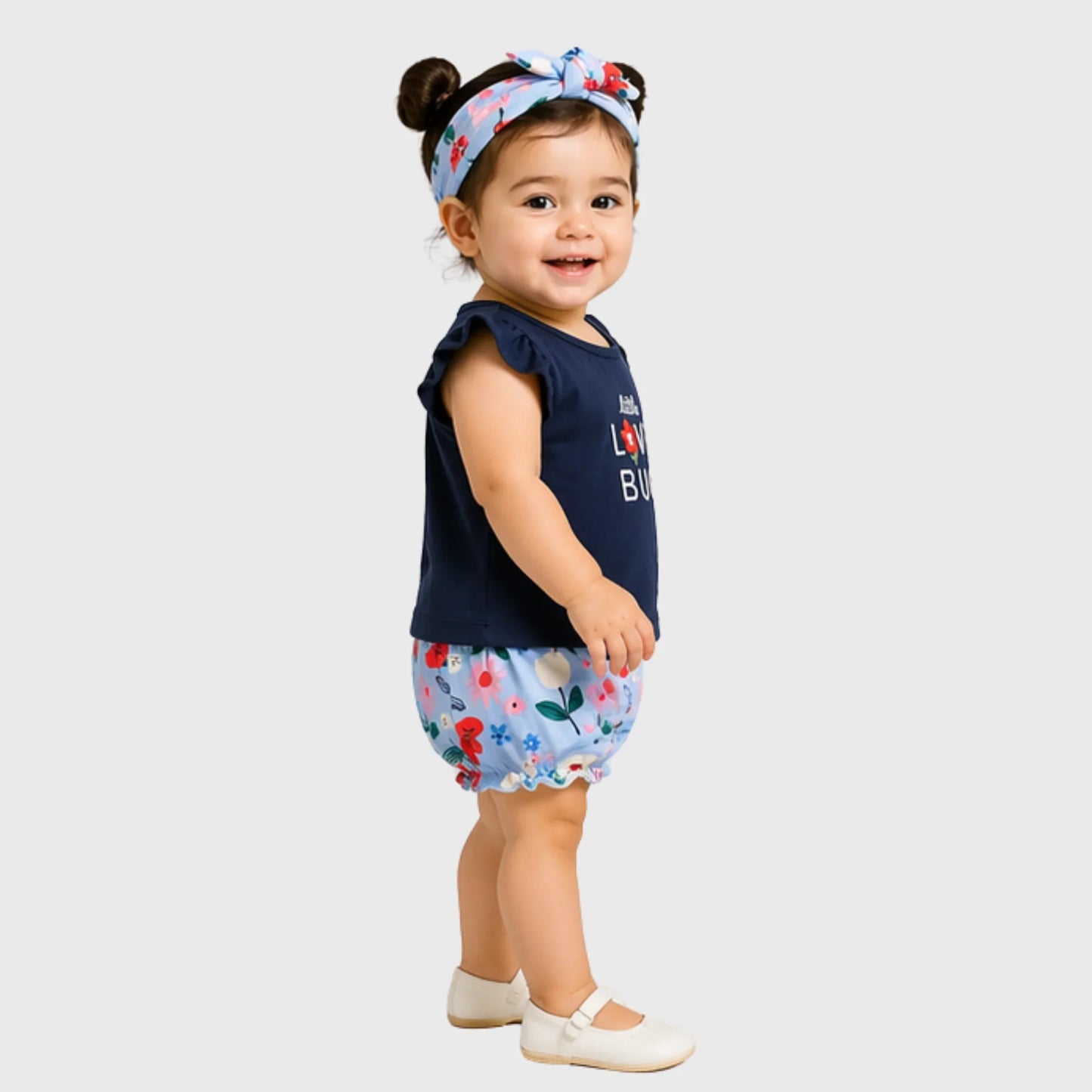 Mini Love Bug Flutter-Sleeve Tee, Floral Bloomers, and Headband Set Blue