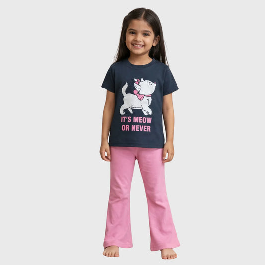 Cute Cat "It's Meow or Never" Navy & Pink Two-Piece Pajama Set for Girls