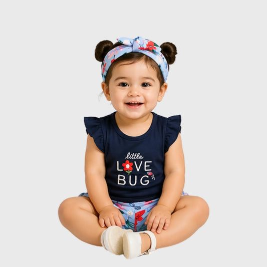 Mini Love Bug Flutter-Sleeve Tee, Floral Bloomers, and Headband Set Blue