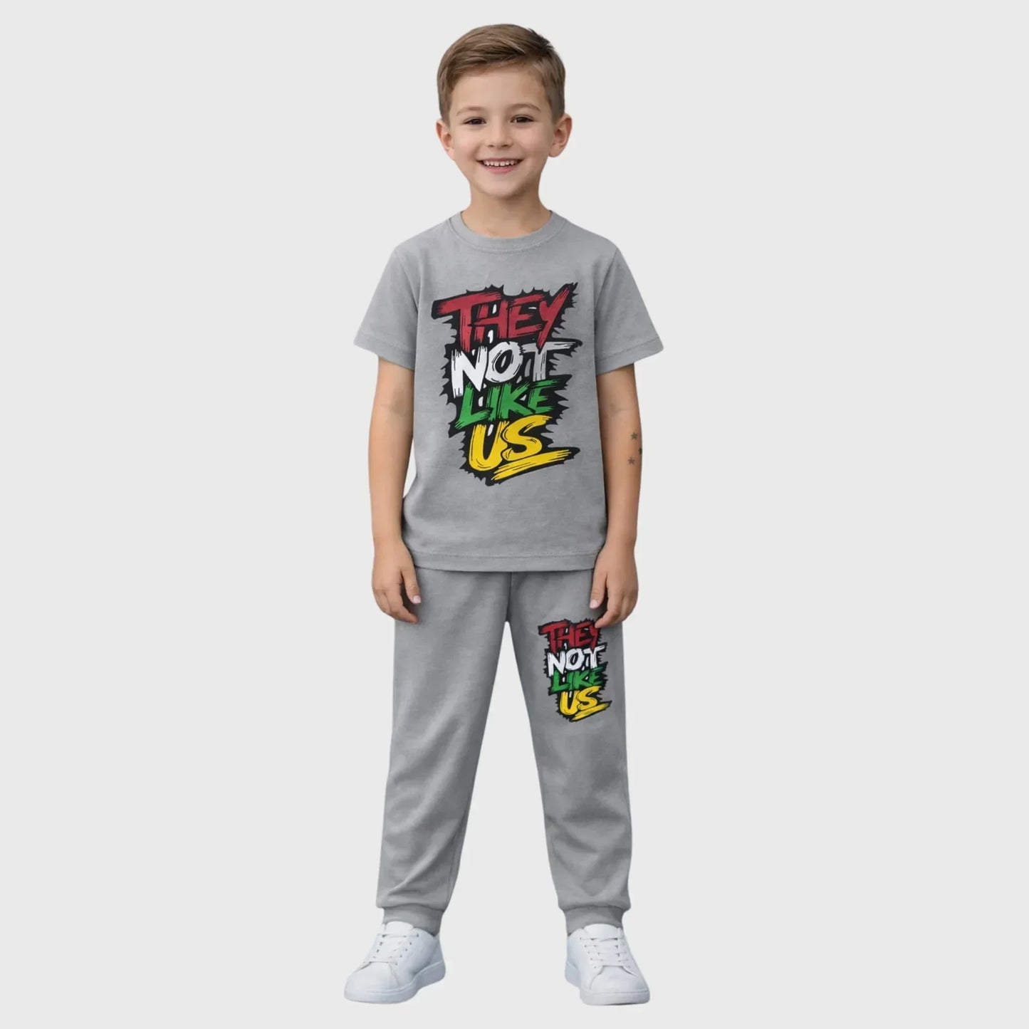 "They None Like US" Gray Graphic T-Shirt and Pants Set for Boys