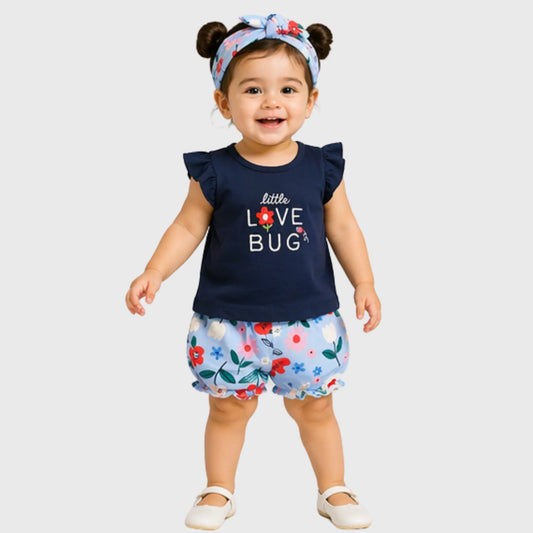 Mini Love Bug Flutter-Sleeve Tee, Floral Bloomers, and Headband Set Blue