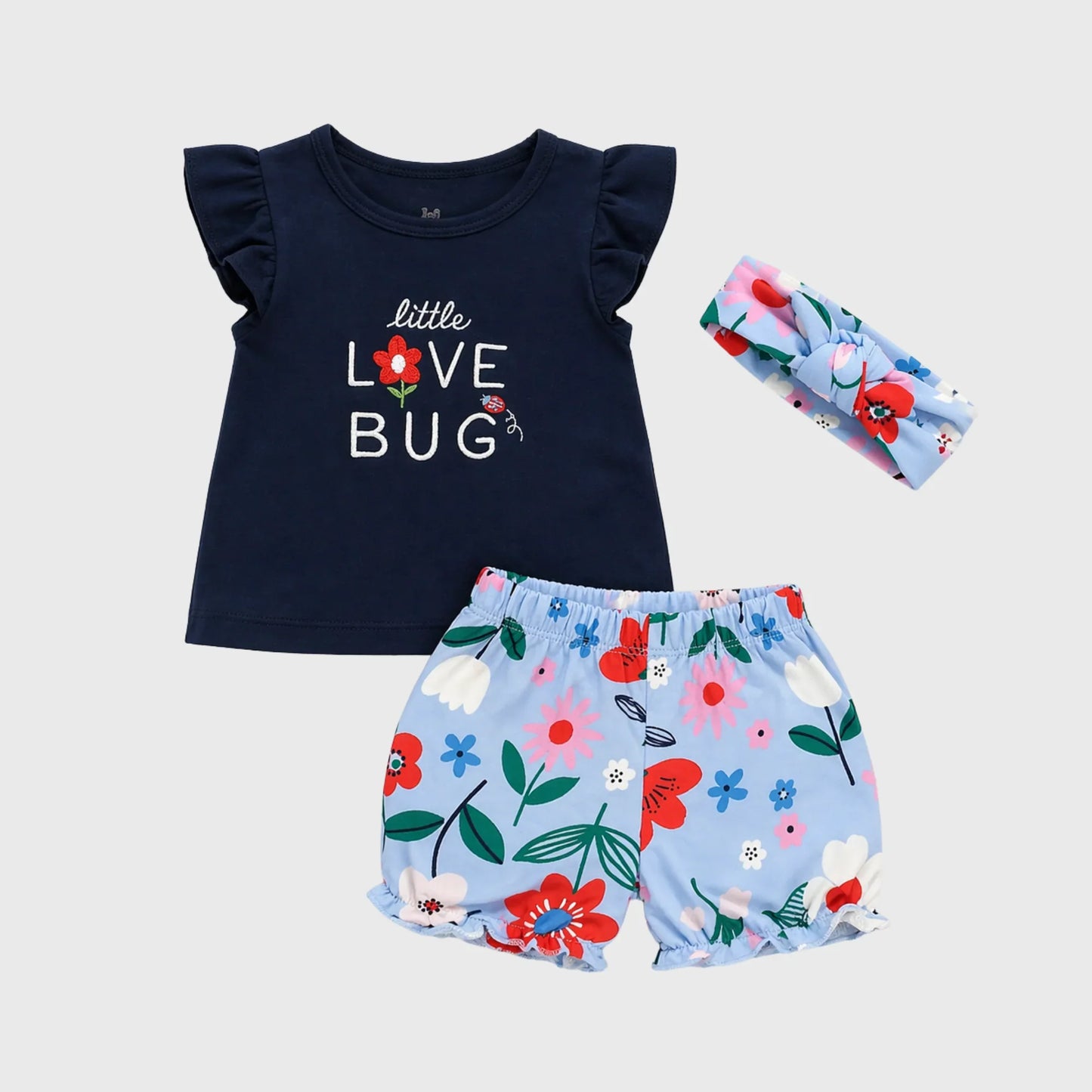 Mini Love Bug Flutter-Sleeve Tee, Floral Bloomers, and Headband Set Blue