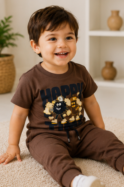 Boys Graphic T-Shirt & Jogger Set – Dark Brown