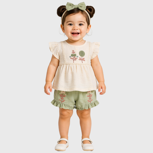 Baby Girls Embroidered Top, Bloomer & Headband Set – Cream/Sage Green