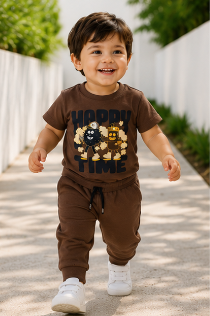 Boys Graphic T-Shirt & Jogger Set – Dark Brown
