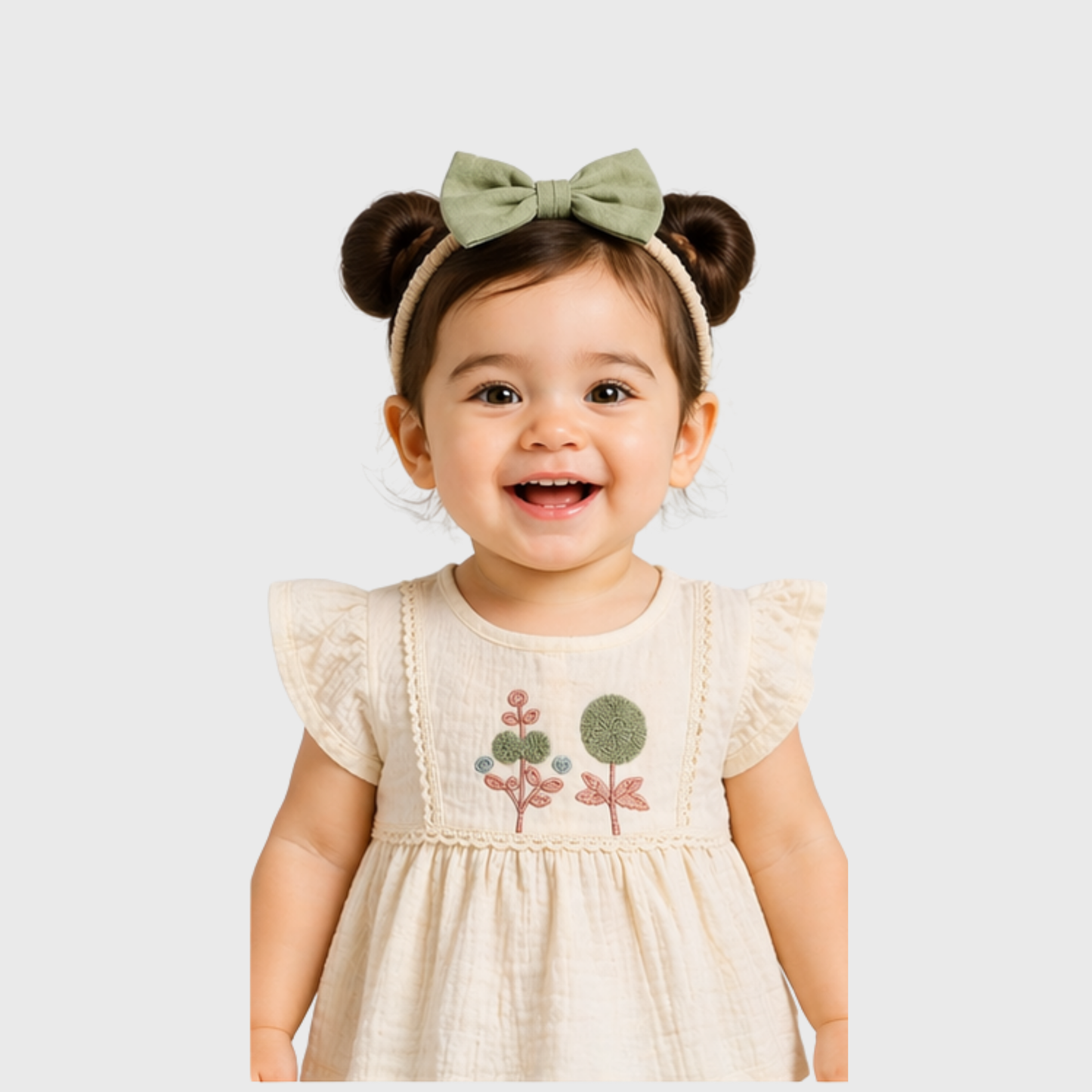 Baby Girls Embroidered Top, Bloomer & Headband Set – Cream/Sage Green
