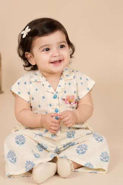Baby Girls Printed Shirt & Set – Cream/Blue