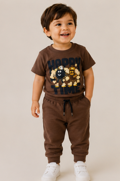Boys Graphic T-Shirt & Jogger Set – Dark Brown