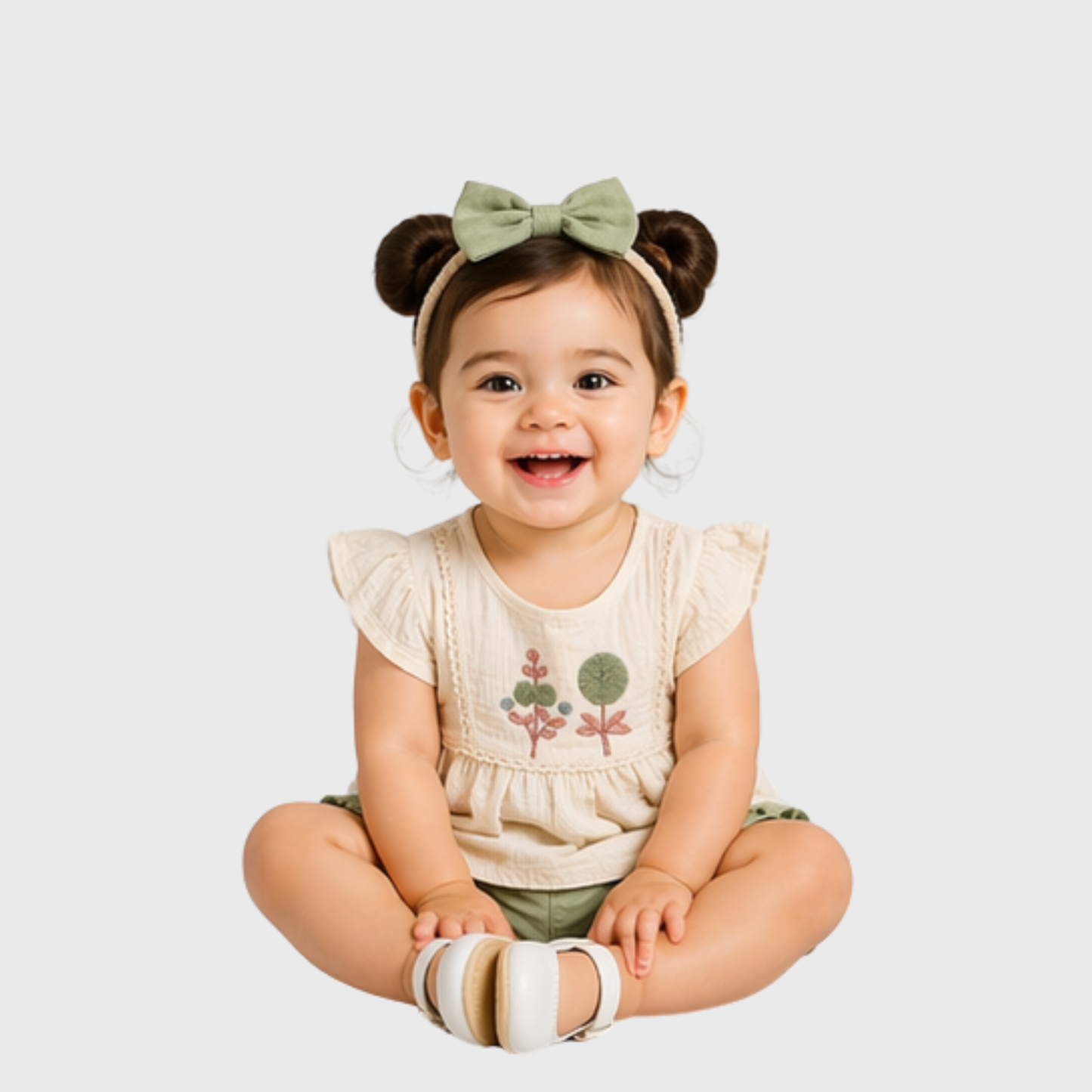 Baby Girls Embroidered Top, Bloomer & Headband Set – Cream/Sage Green