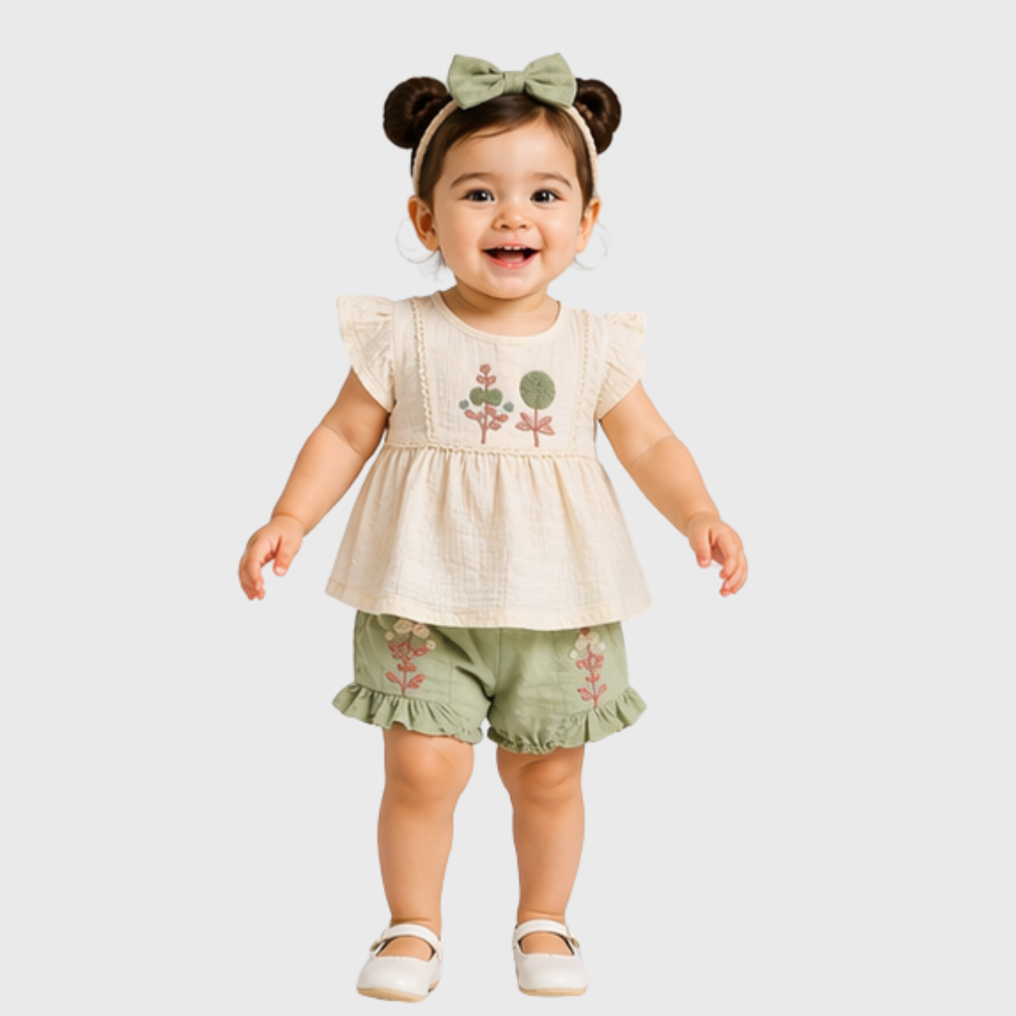 Baby Girls Embroidered Top, Bloomer & Headband Set – Cream/Sage Green