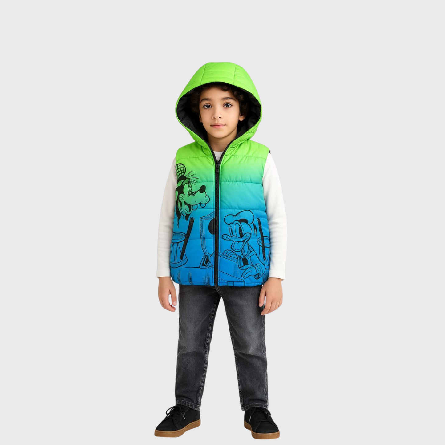 Boys Puffer Vest with Hood - Green to Blue Ombre Cartoon Print Sleeveless Jacket | Mommy Minors