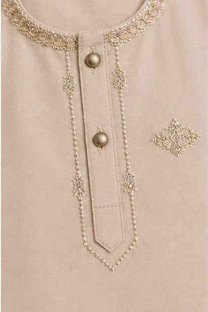 Baby Boys Embroidered Kurta & Shalwar Set – Skin/ Brown