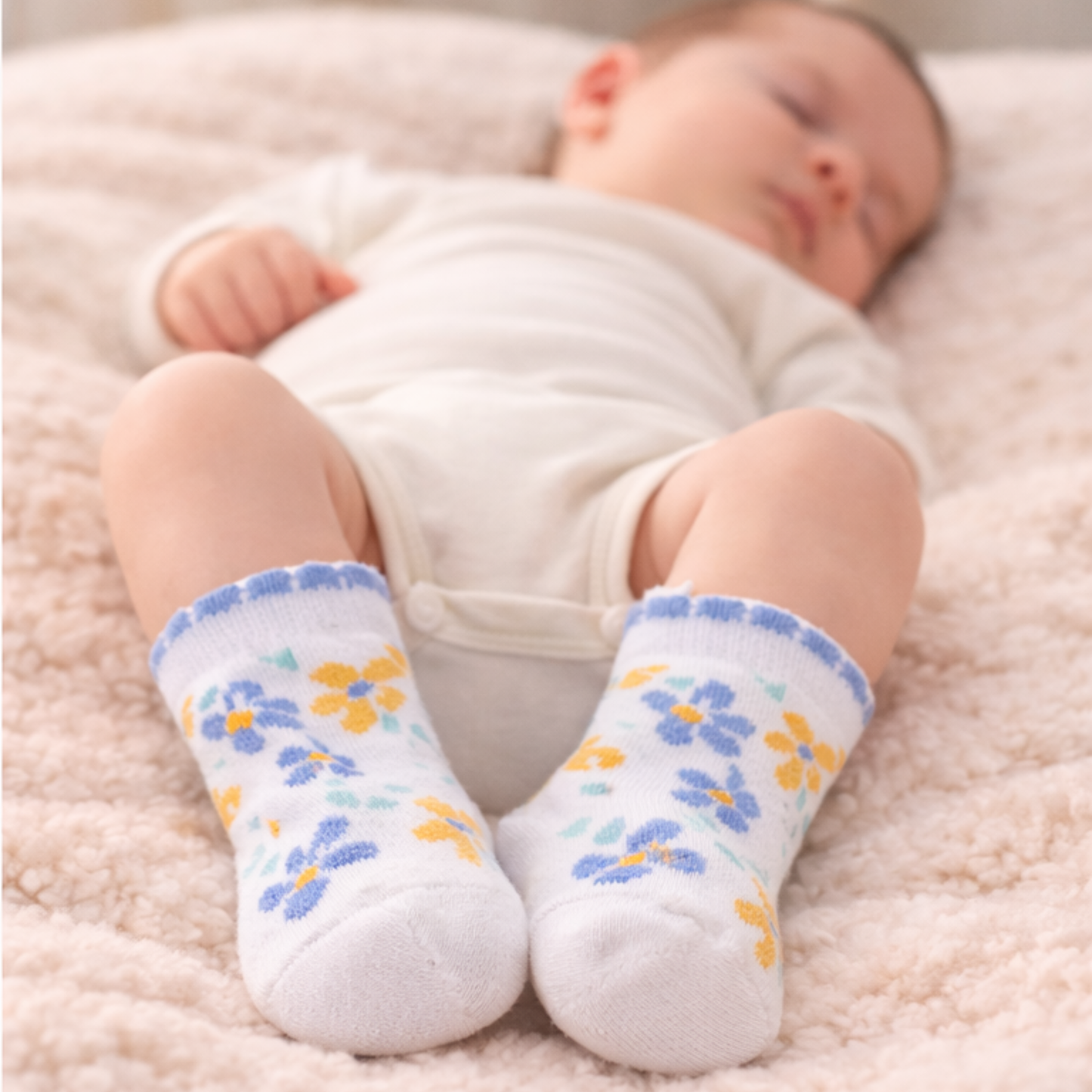 Wildflower Garden Baby Ankle Socks – White & Periwinkle