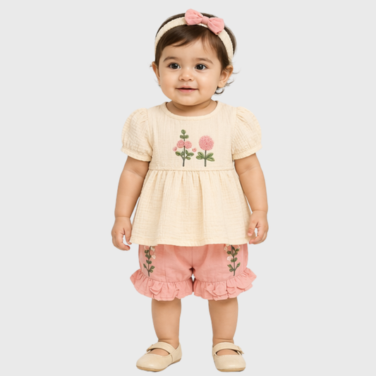 Baby Girls Embroidered Top, Bloomer & Headband Set – Cream/Pink