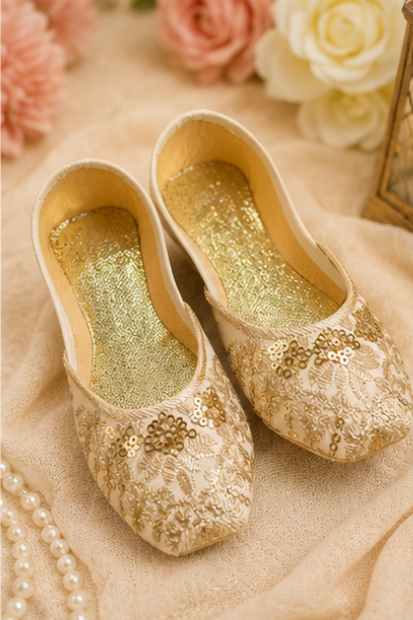 Kids Embroidered Khussa – Cream/Gold