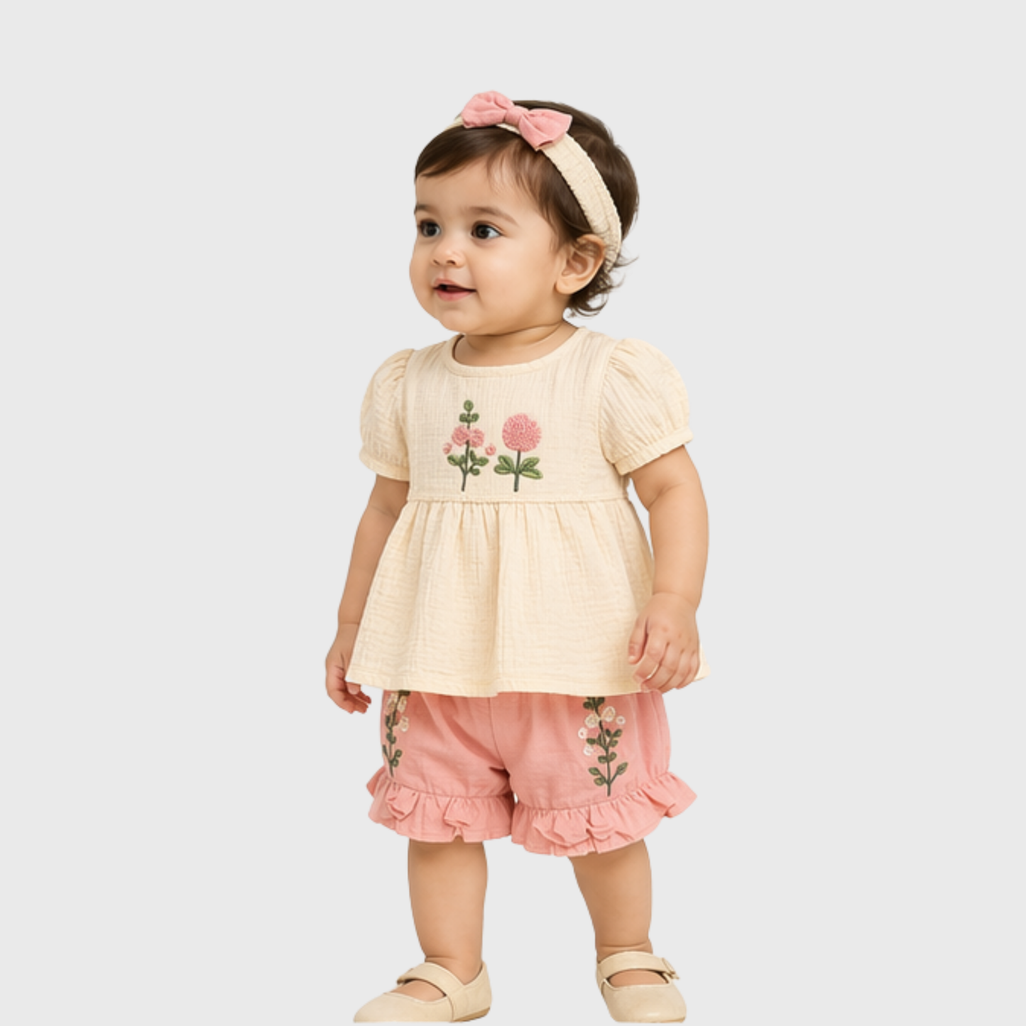 Baby Girls Embroidered Top, Bloomer & Headband Set – Cream/Pink