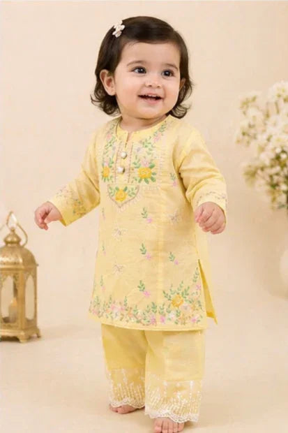 Girls Embroidered Kurta Set – Yellow