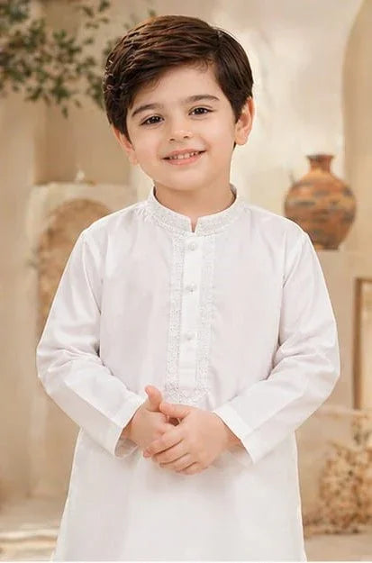 Boys Embroidered Kurta & Shalwar Set – White