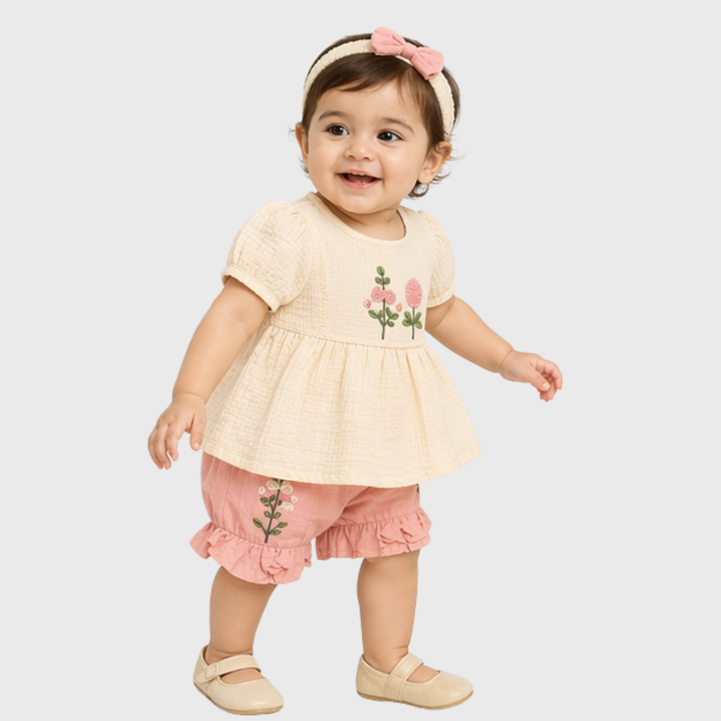 Baby Girls Embroidered Top, Bloomer & Headband Set – Cream/Pink