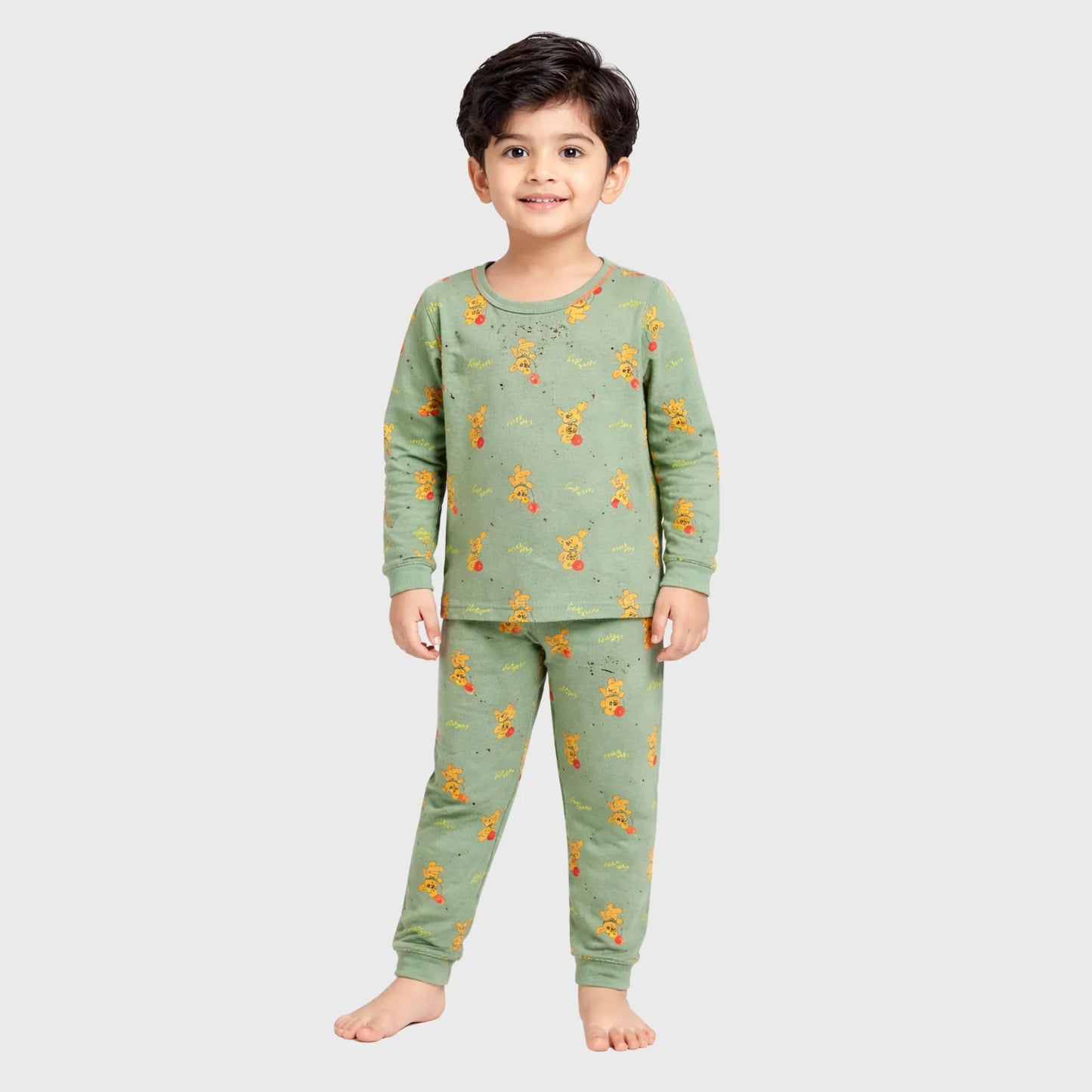 Kids' Sage Green Bear Print Trouser Set
