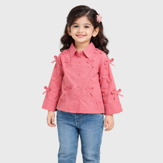 Girls' Pink Bow-Accent Button-Up Shirt