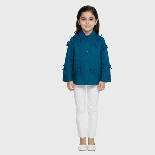 Girls' Teal Bow-Accent Button-Up Shirt