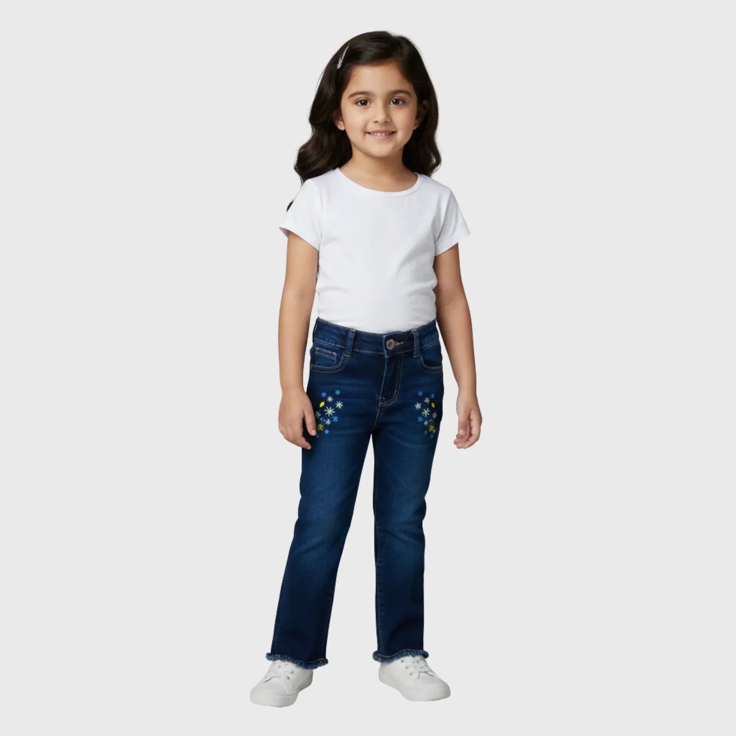 Dark Blue Jeans With Embroidered Flower For Girls | 12M-6YRS