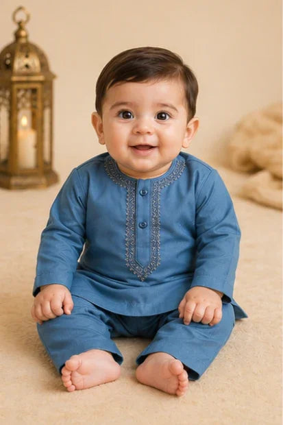 Baby Boys Embroidered Kurta & Shalwar Set – Teal Blue