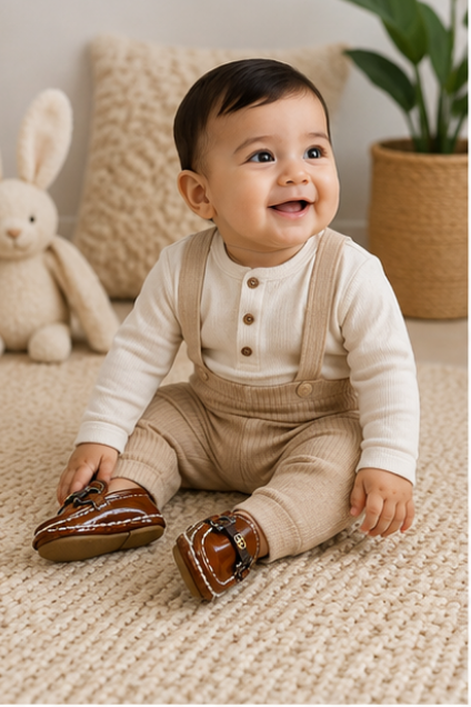 Baby Brown Patent Leather Loafers with Metallic Buckle and White Stitching, Sizes 15 to 20