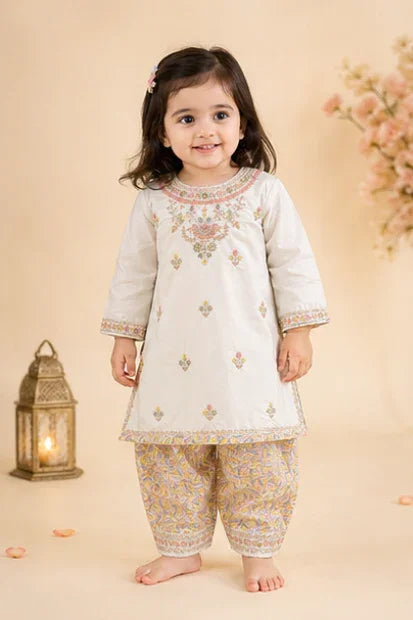 Girls Embroidered Kurta & Shalwar Set – Off White
