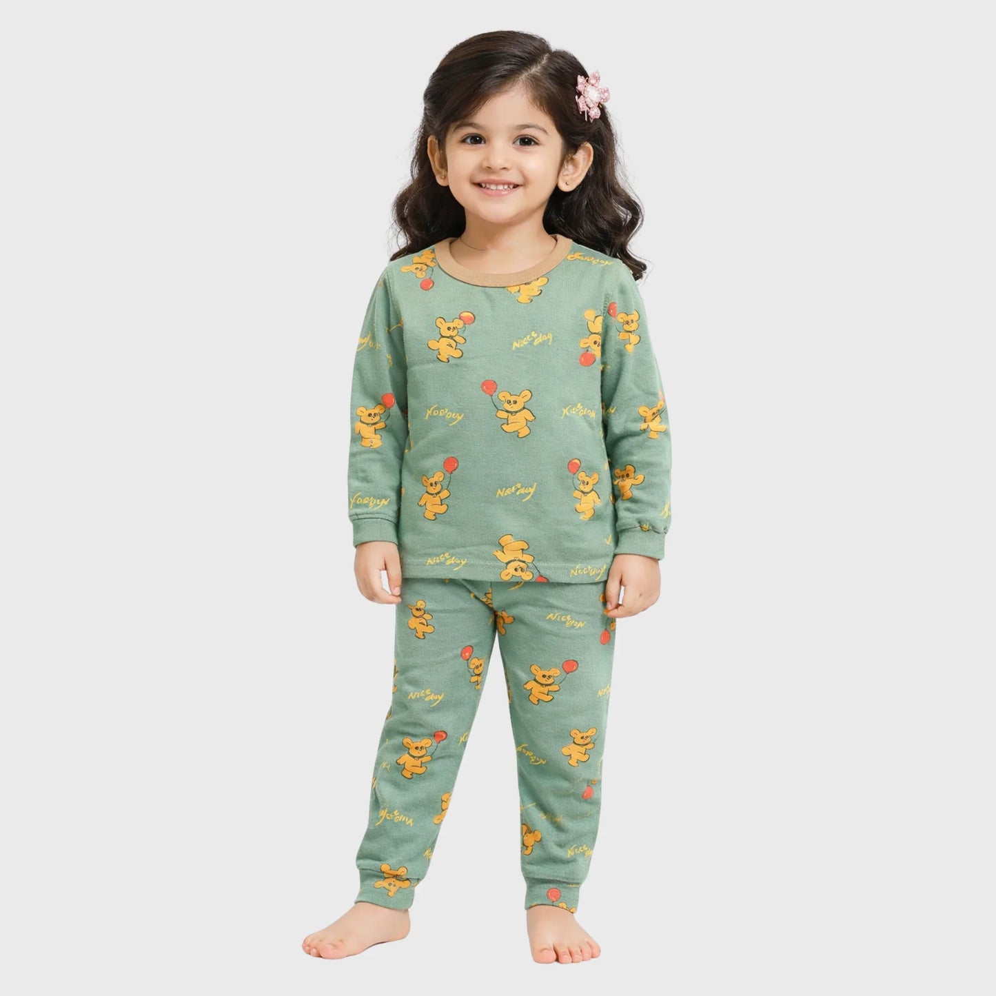Kids' Sage Green Bear Print Trouser Set
