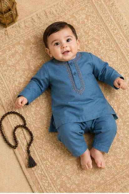 Baby Boys Embroidered Kurta & Shalwar Set – Teal Blue