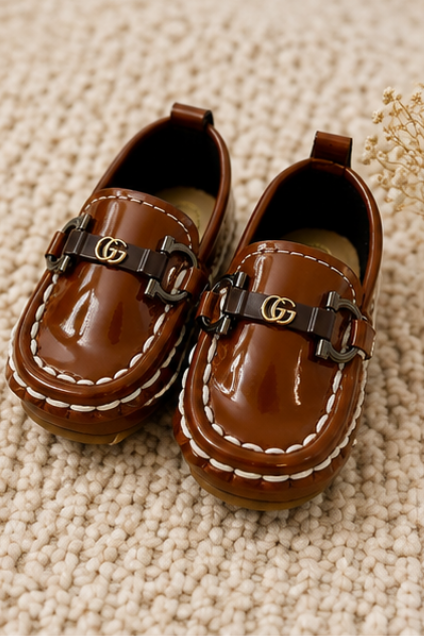 Baby Brown Patent Leather Loafers with Metallic Buckle and White Stitching, Sizes 15 to 20