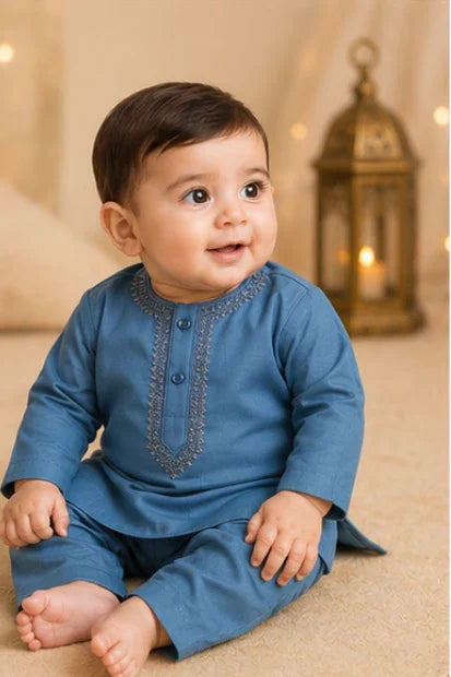 Baby Boys Embroidered Kurta & Shalwar Set – Teal Blue