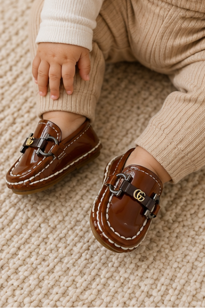 Baby Brown Patent Leather Loafers with Metallic Buckle and White Stitching, Sizes 15 to 20